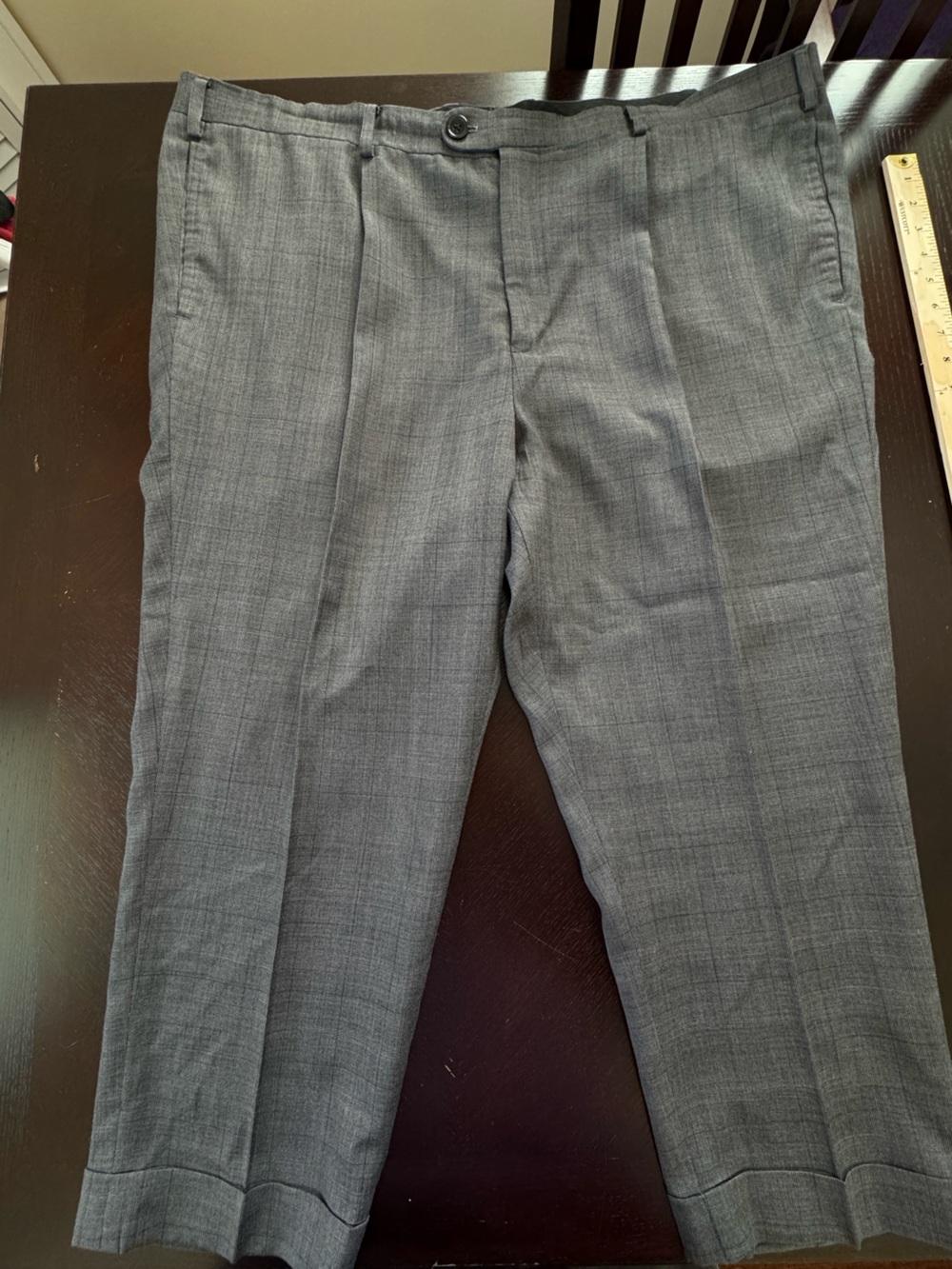 Proper Cloth Custom Wool Trousers, Mid Gray w/ Burgundy Check, Pleated, Size 46
